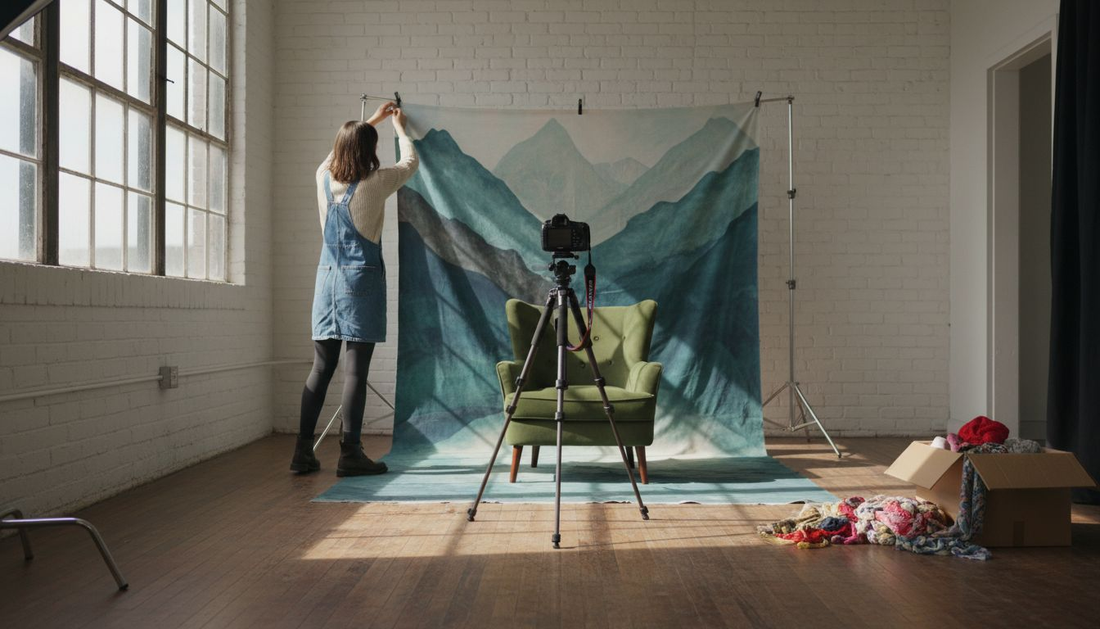 Photographer sets up themed photography backdrop