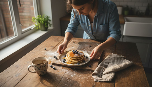 Photographer setting food on rustic wood backdrop