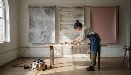 Photographer arranging props with multiple backdrops