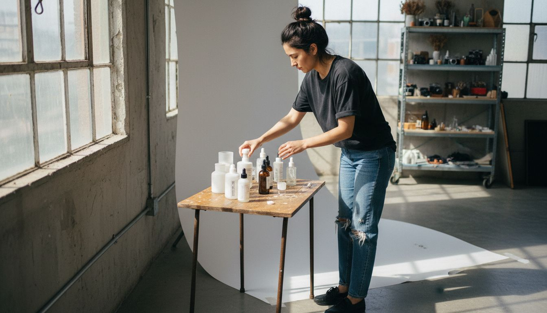 Photographer arranging products in studio backdrop