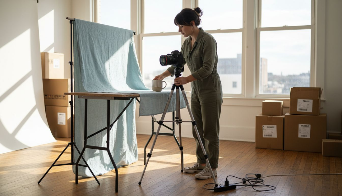 Seller setting up product photo in studio