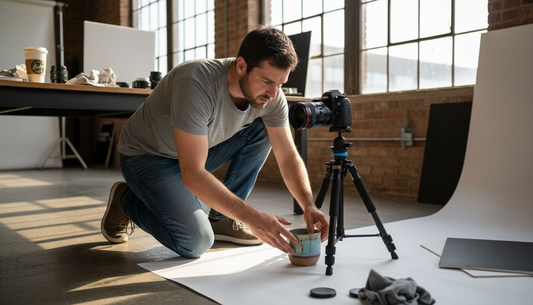 Photographer arranging product shoot setup in studio
