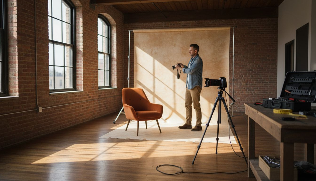 Photographer setting up large vinyl backdrop