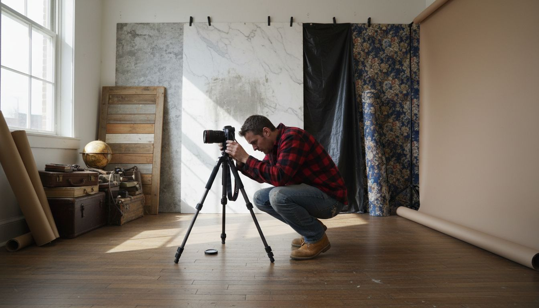 Photographer surrounded by seven creative backdrops