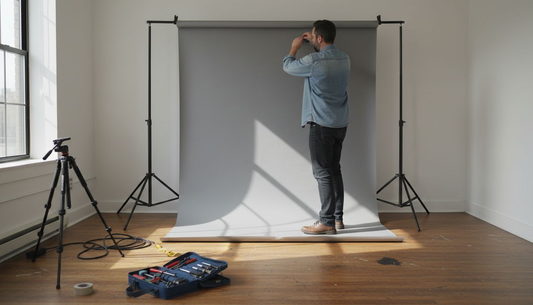 Photographer setting up studio vinyl backdrop