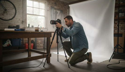 Photographer prepping tabletop vinyl backdrop studio