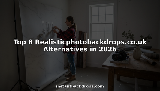 Photographer arranging realistic studio backdrops