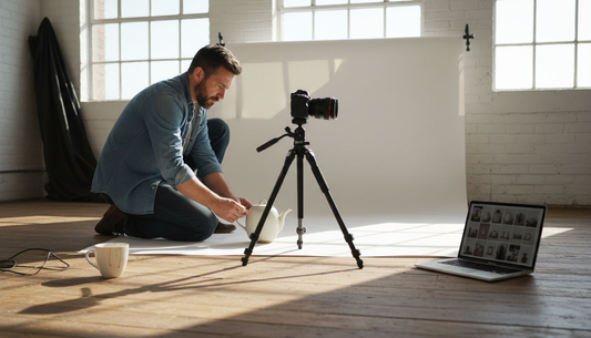 Photographer arranging teapot on studio backdrop