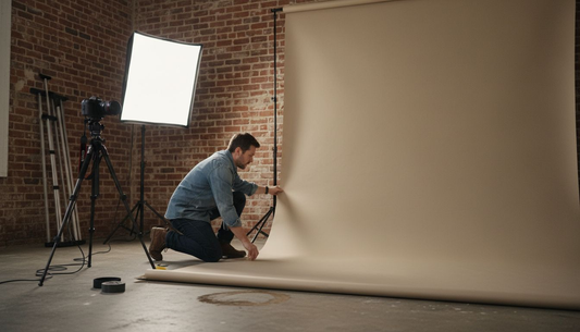 Photographer adjusting backdrop in photo studio
