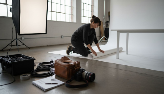Photographer setting up vinyl backdrop in studio