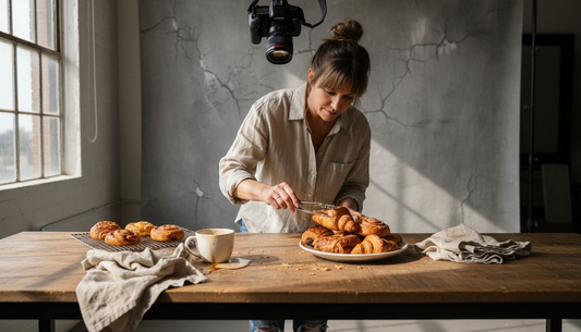 Photographer arranging pastries with rustic backdrop