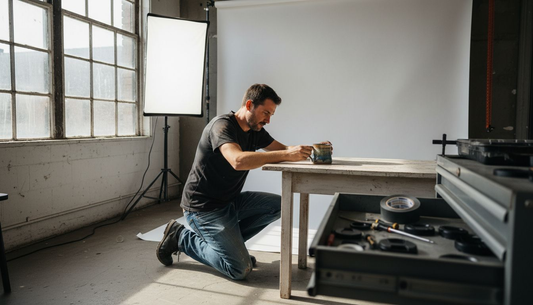 Photographer adjusting mug against studio backdrop