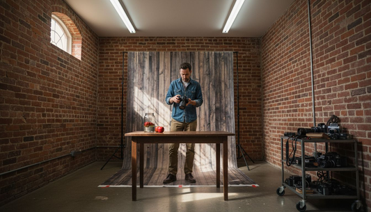 Photographer using vinyl backdrop in studio