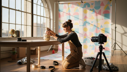 Photographer arranging product in front of themed backdrop