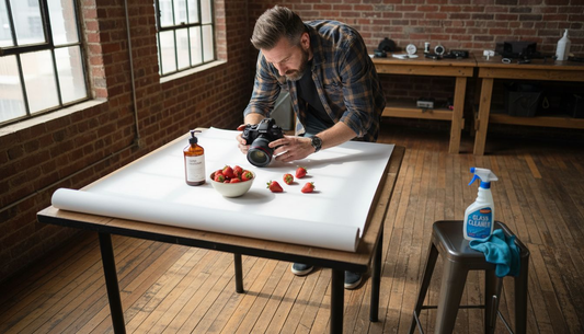 Photographer setting up vinyl backdrop studio scene