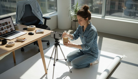 Photographer sets up product on vinyl social media backdrop