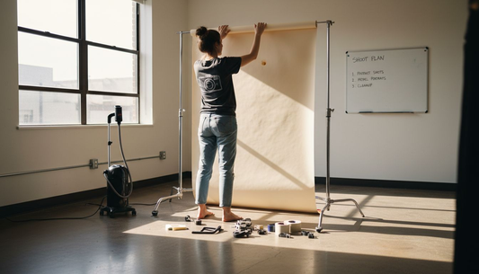 Photographer setting up vinyl backdrop workflow