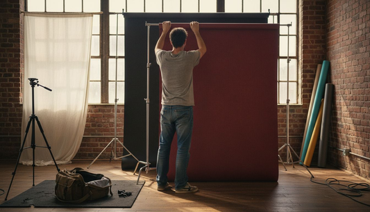 Photographer arranging backdrops in urban studio