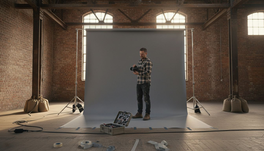 Photographer adjusts large vinyl backdrop in studio