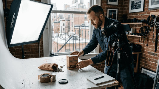 Photographer in studio adjusting white backdrop