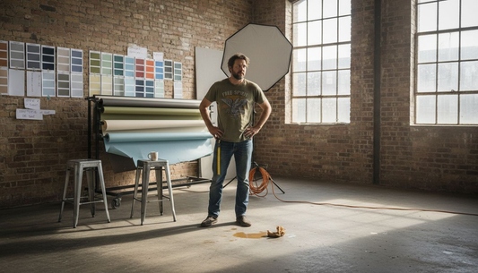 Photographer selecting backdrop in studio