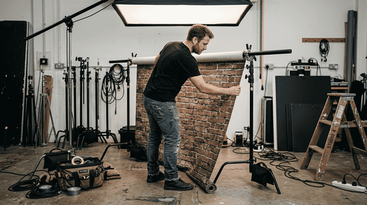 Photographer adjusting ultra-realistic studio backdrop