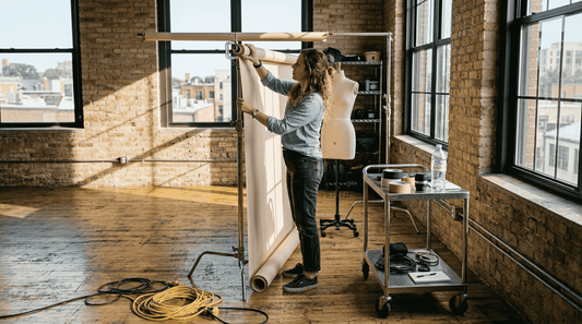 Photographer preparing backdrop in loft studio