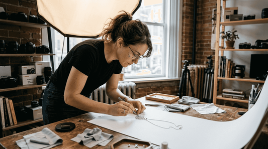 Photographer arranging jewelry in small studio