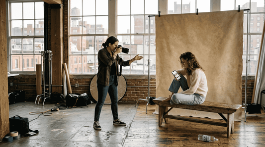 Photographer and model with studio canvas backdrop