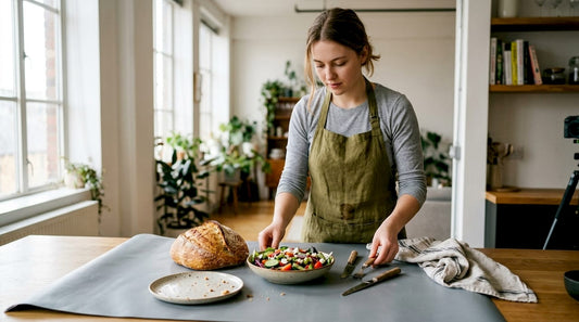 Photographer styling food on durable backdrop