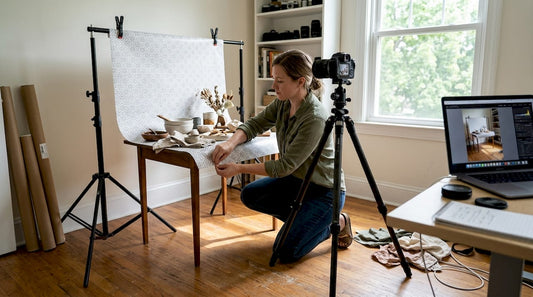 Photographer adjusting vinyl backdrop in home studio