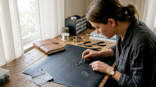 Jewelry photographer adjusting ring on matte backdrop