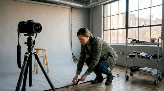 Photographer adjusting fabric backdrop in city studio