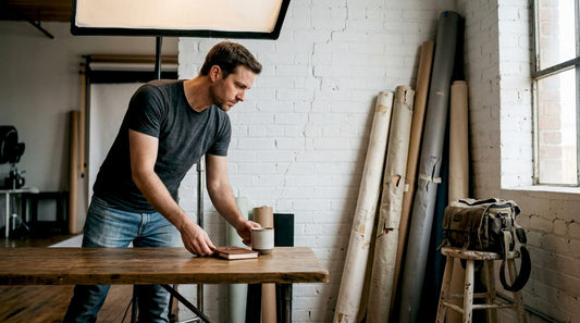 Photographer adjusting product in studio with backdrops