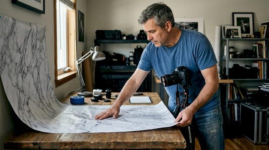 Photographer prepping vinyl marble backdrop