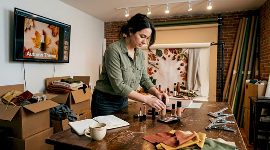 Photographer setting themed backdrop for cosmetics