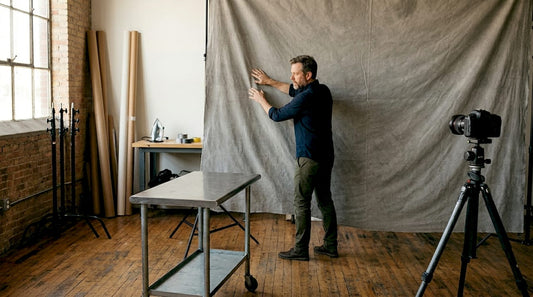 Photographer checking quality of studio backdrop