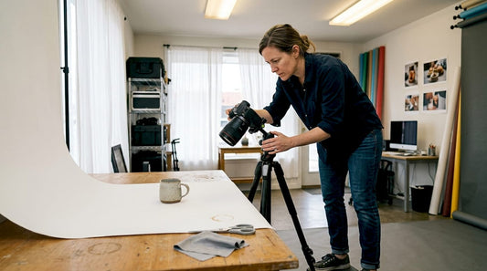 Photographer adjusting camera in studio with backdrop