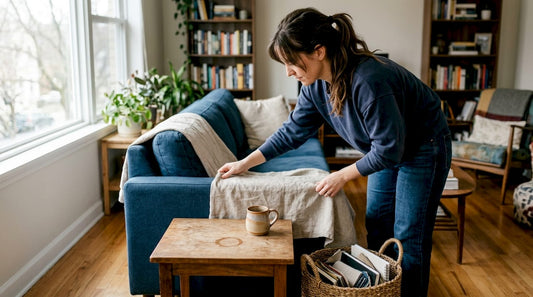 Owner prepping lifestyle backdrop fabric