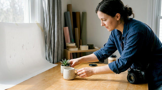 Photographer arranging e-commerce product with vinyl backdrop