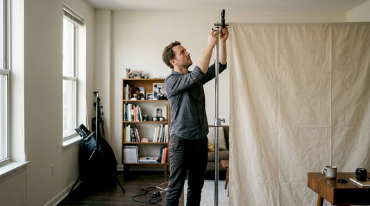 Photographer setups backdrop with stands and clamps