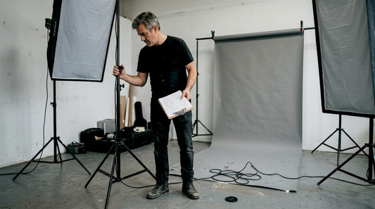 Photographer sets up vinyl backdrop studio