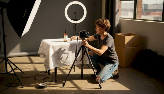 Photographer preparing skincare shoot in studio