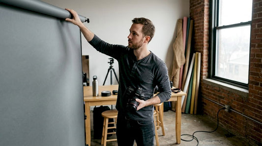 Photographer preparing matte backdrop in city studio