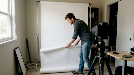 Photographer setting up seamless paper backdrop in home studio