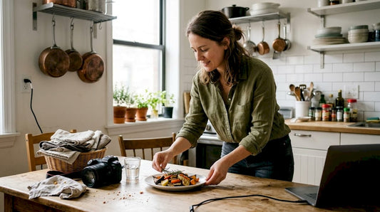 Food photographer arranging dish in kitchen studio