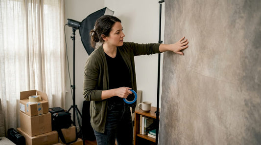 Photographer preparing decorative wall backdrop in home studio