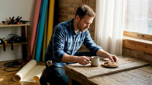 Photographer arranging props on wood backdrop