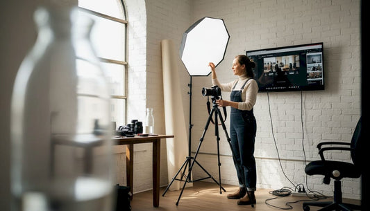 Photographer adjusting light in city studio workspace