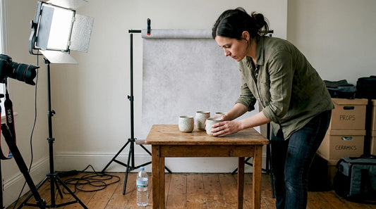 Product photographer arranges ceramic cups in home studio